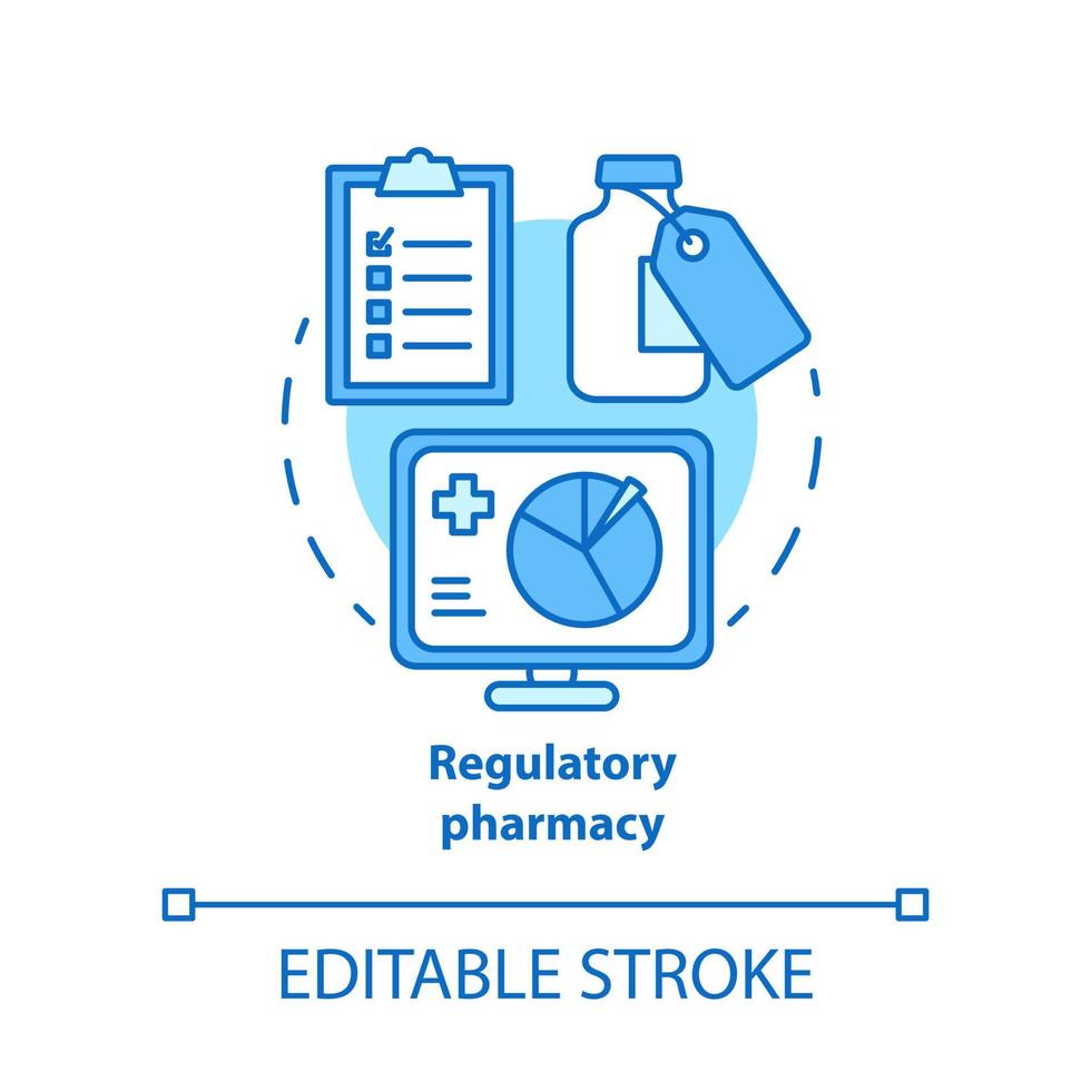 ícone do conceito de farmácia. ilustração de linha fina de ideia de farmacologia regulatória. eficácia dos medicamentos e testes de segurança. pesquisa de drogas recentemente desenvolvida. desenho de contorno isolado do vetor. curso editável vetor