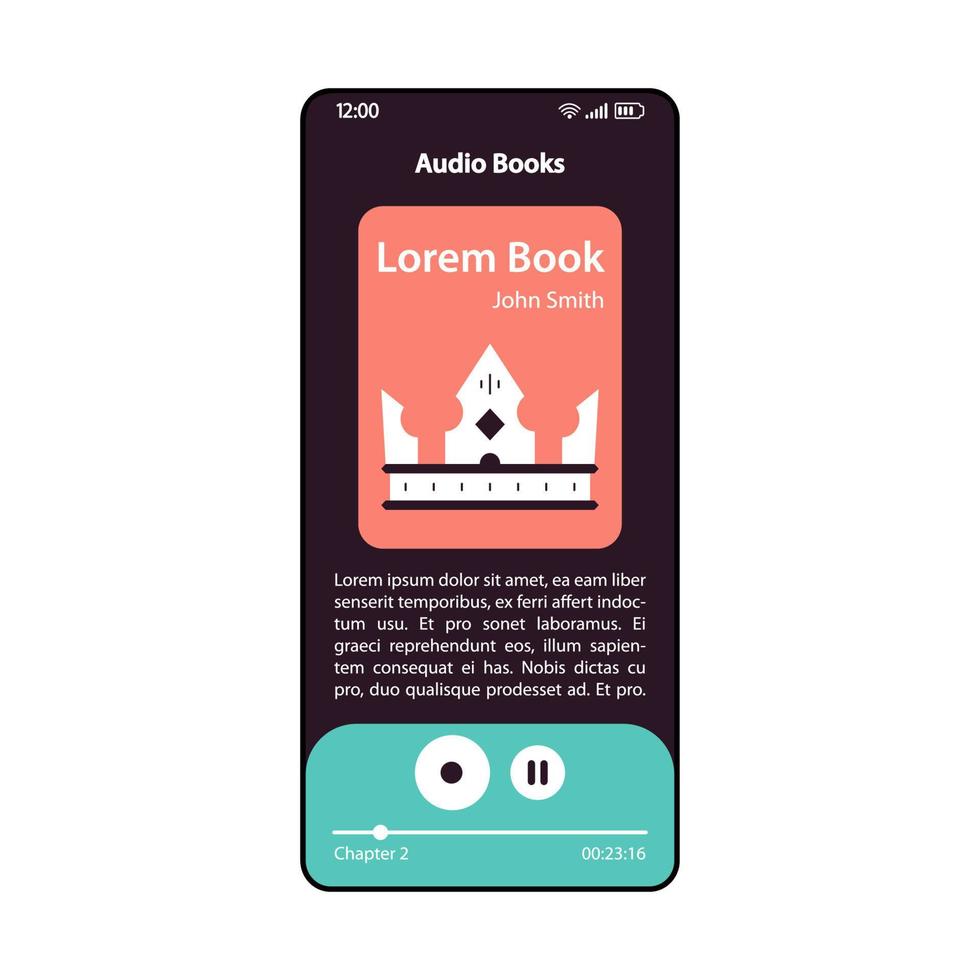 modelo de vetor de interface de smartphone de jogador de audiolivro. layout de design de página de aplicativo de escuta de livro de áudio móvel preto. tela do leitor de e-books. aplicativo de interface do usuário plana de biblioteca de livros eletrônicos. visor do telefone