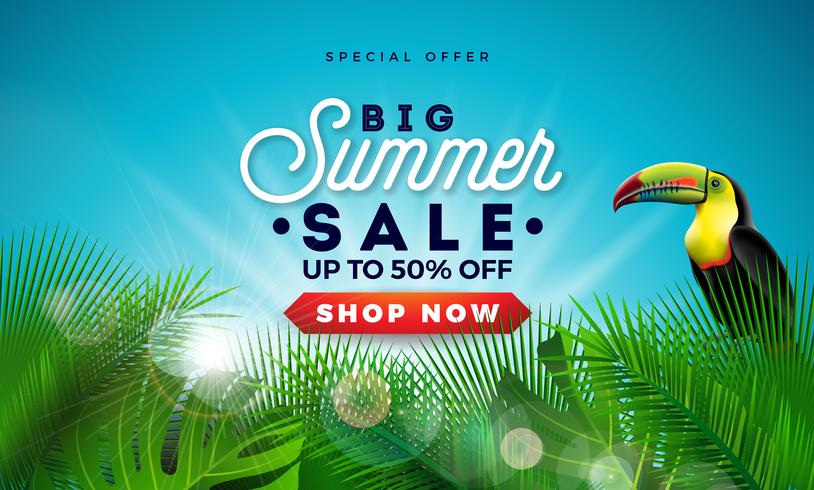 Projeto da venda do verão com folhas de palmeira exóticas e pássaro de Touvan no fundo azul. Ilustração de oferta especial de vetor tropical