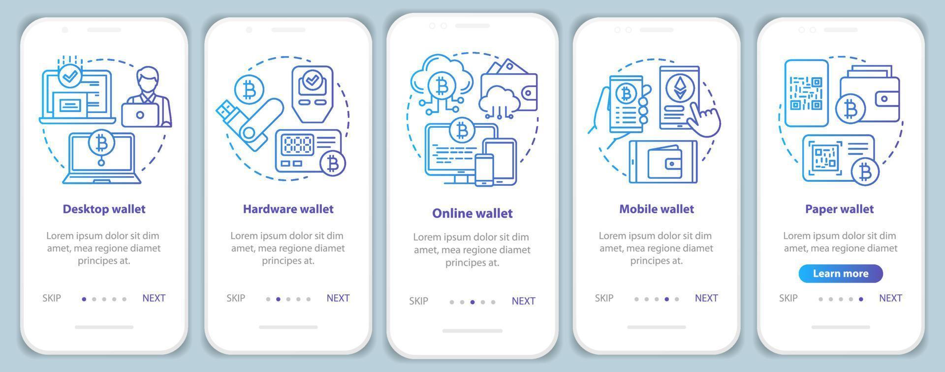 tipos de carteiras de criptomoedas integrando a tela da página do aplicativo móvel com conceitos lineares. instruções gráficas de gradiente azul passo a passo de transações de moeda eletrônica bitcoin. ux, ui, modelo de vetor gui