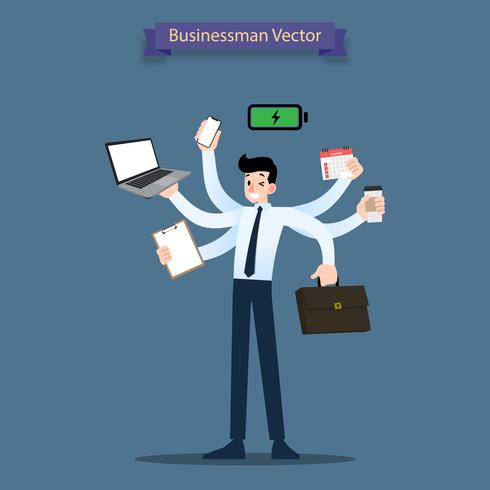 O homem de negócios feliz com muitas mãos tem a multitarefa e o conceito poderoso da carga de trabalho da multi habilidade e da produtividade. vetor