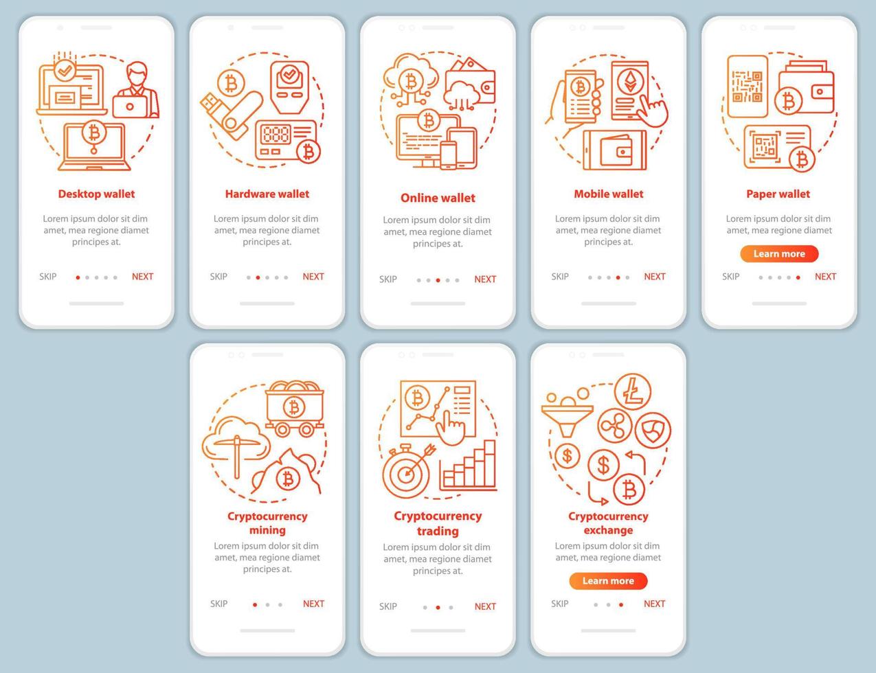 tela de página de aplicativo móvel de integração de mineração de criptomoeda com conceitos lineares. carteira de moeda eletrônica bitcoin passo a passo vermelho instruções gráficas. ux, ui, gui modelo com ilustrações vetor