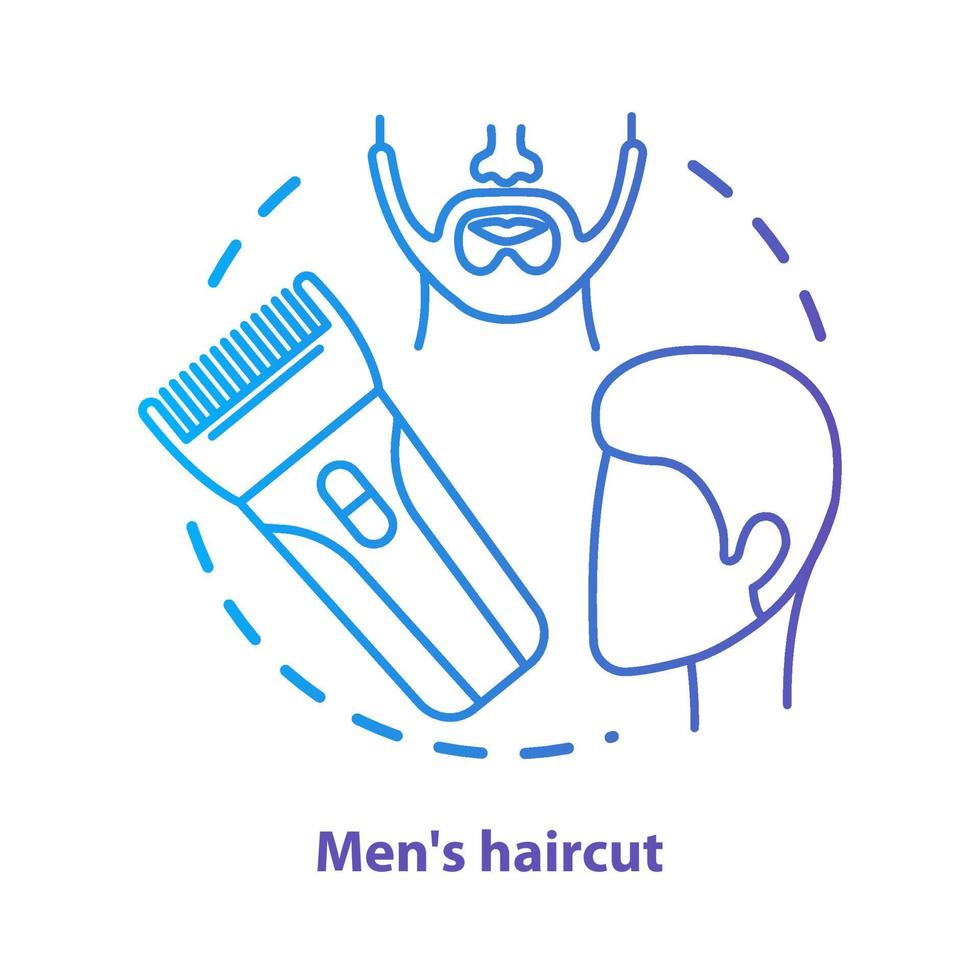 ícone de conceito de corte de cabelo de homens. ilustração de linha fina de ideia de barbearia. cuidados e tratamento capilar. equipamento de salão de cabeleireiro, ferramenta de cabeleireiro. desenho de contorno isolado vetor gradiente azul. traço editável