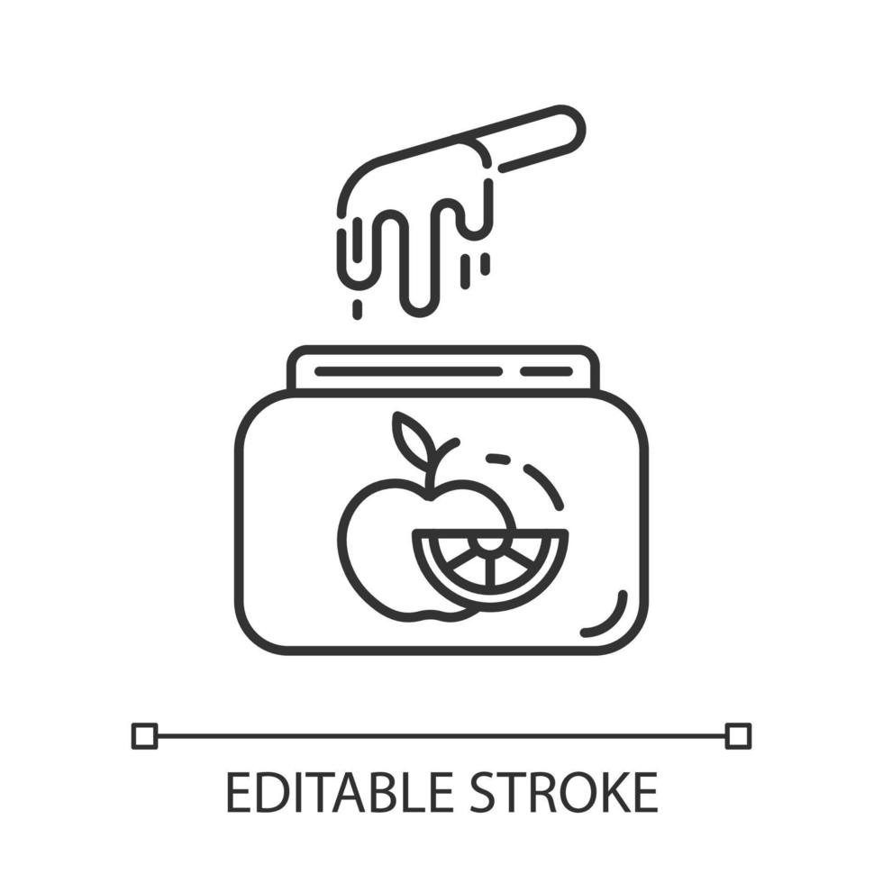 ícone linear de depilação de frutas. cera natural, macia e fria em frasco com espátula. equipamento de depilação corporal. ilustração de linha fina. símbolo de contorno. desenho de contorno isolado de vetor. traço editável vetor