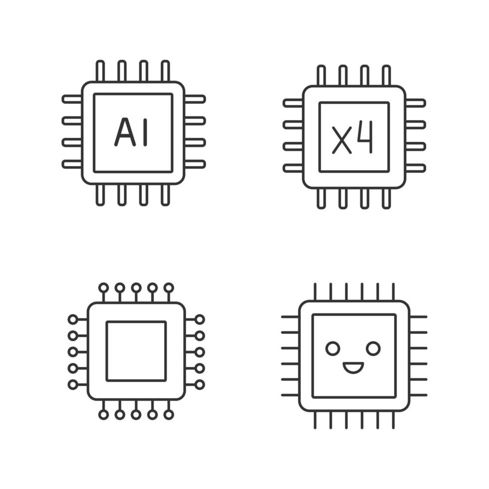 conjunto de ícones lineares de processadores. chip, circuito integrado para sistema ai, microprocessador sorridente, processador quad core. símbolos de contorno de linha fina. ilustrações de contorno de vetor isolado. traço editável