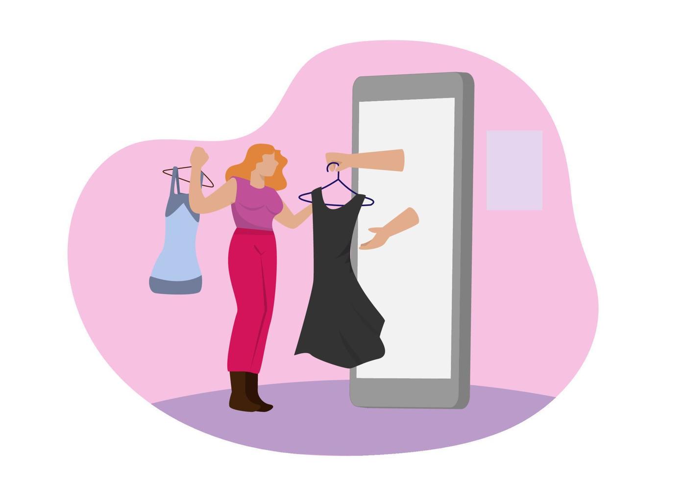 ilustração em vetor de uma jovem escolhendo um vestido em uma loja de um smartphone. ela compra roupas online
