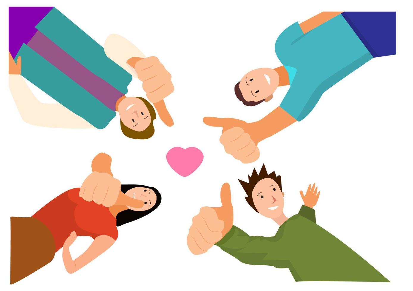 meninos e meninas compartilham o poder do polegar para cima em sua amizade. vetor de ilustração de desenhos animados de estilo simples