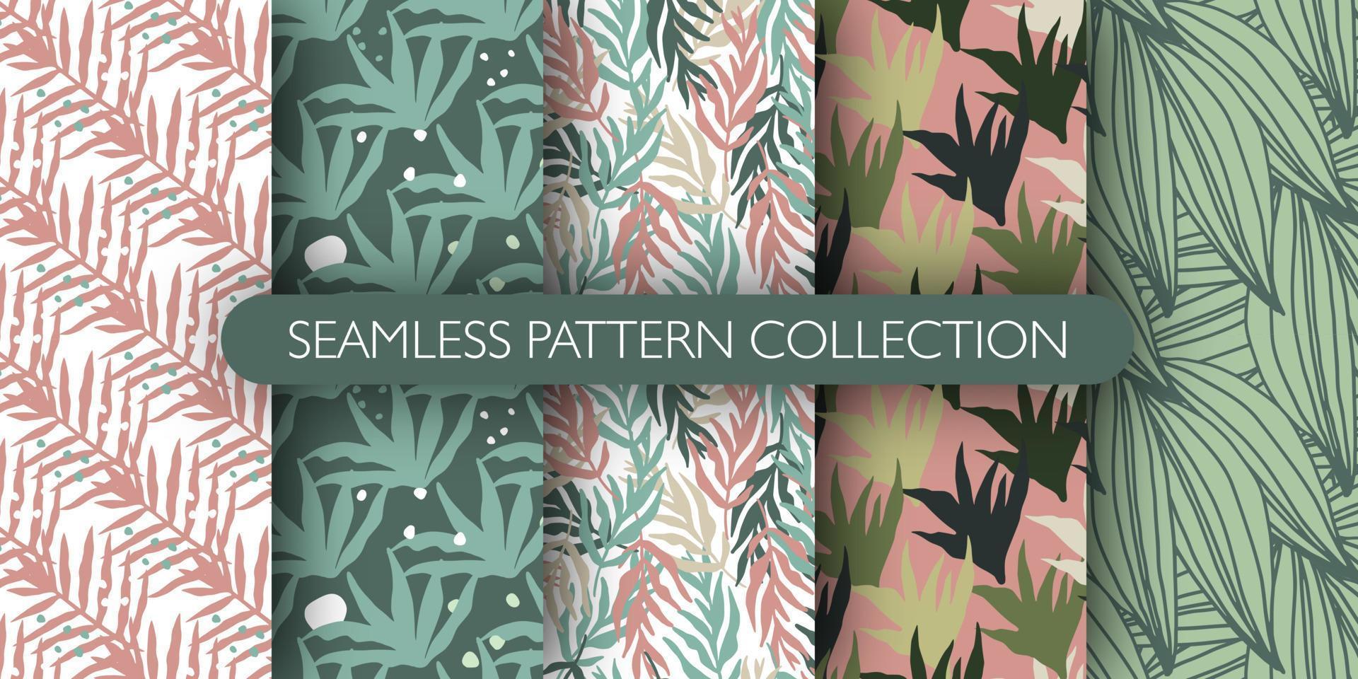 conjunto de padrão sem emenda de folhas tropicais abstratas em estilo doodle. coleção de padrão de folha exótica da selva. papel de parede botânico. vetor