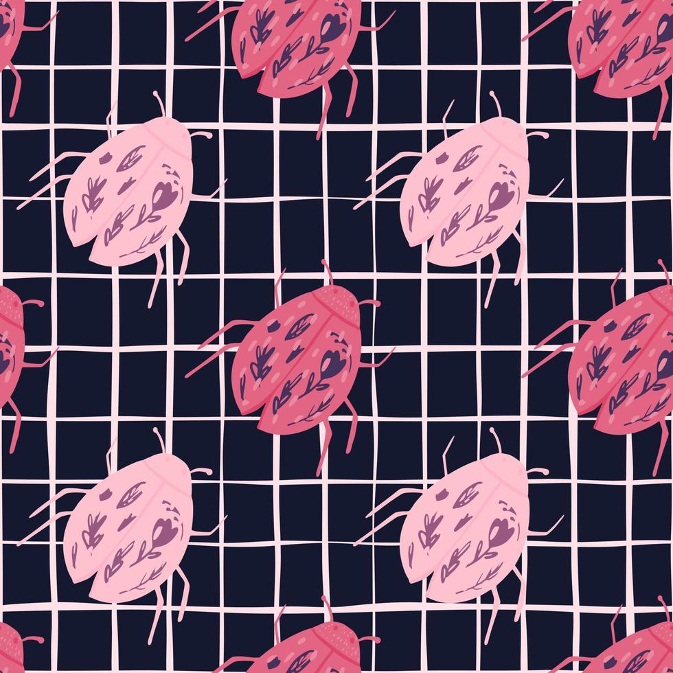 rosa bugs coloridos silhuetas sem costura padrão botânico. insetos de desenhos animados planos imprimem em fundo xadrez preto. vetor