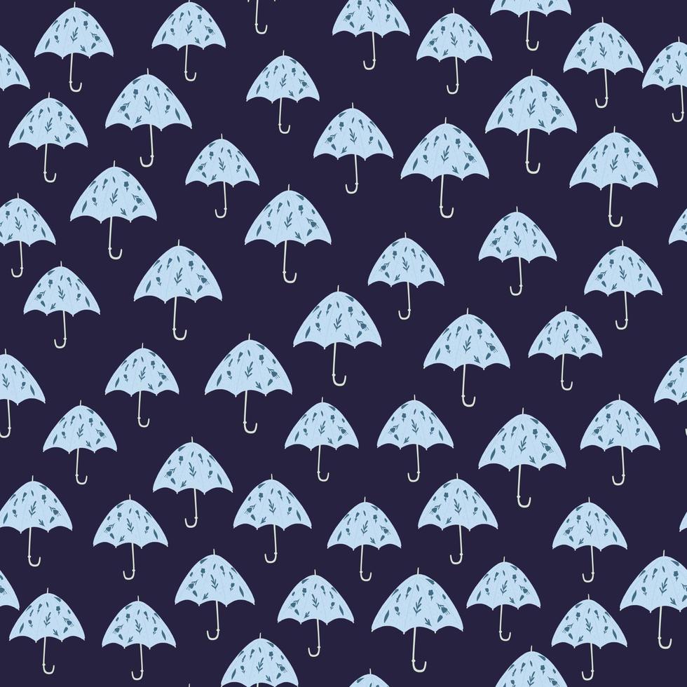 padrão sem emenda da temporada de silhuetas de guarda-chuva azul aleatório. ornamento de queda simples sobre fundo azul marinho. vetor