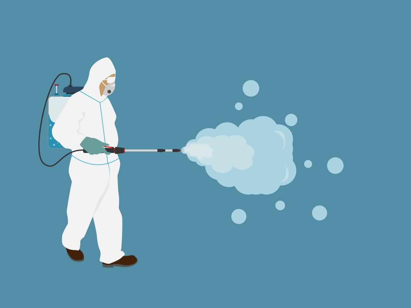 um jovem usa roupas de proteção, uma máscara de gás e uma botija de gás para matar o vírus corona. toxina e proteção química vetor