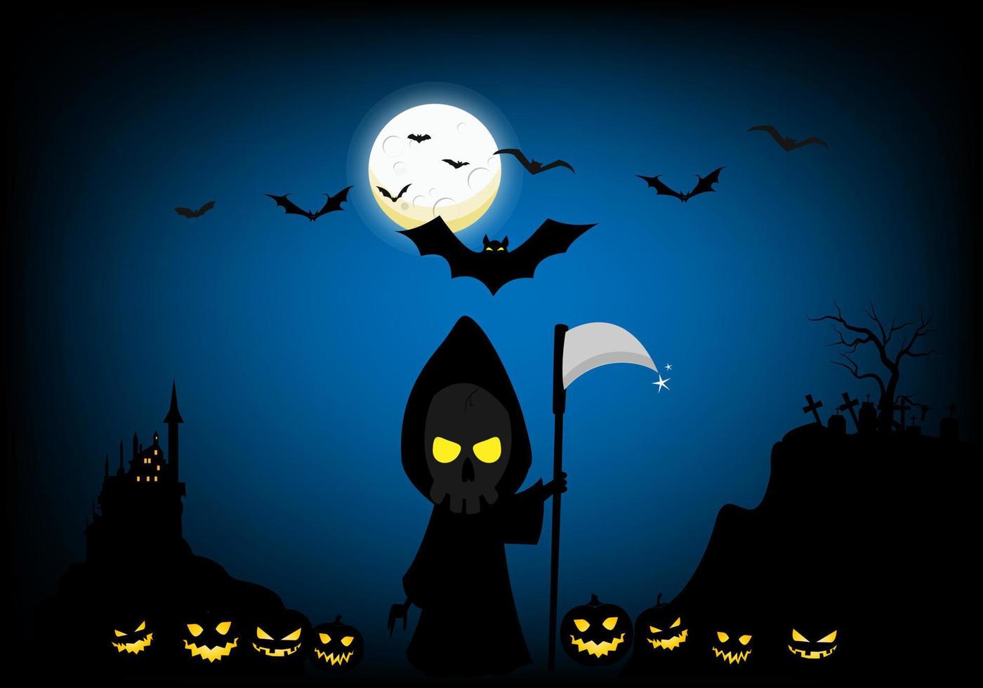 caçadores de almas saem na noite de halloween. junto com abóboras, fantasmas, morcegos na noite de lua cheia. vetor