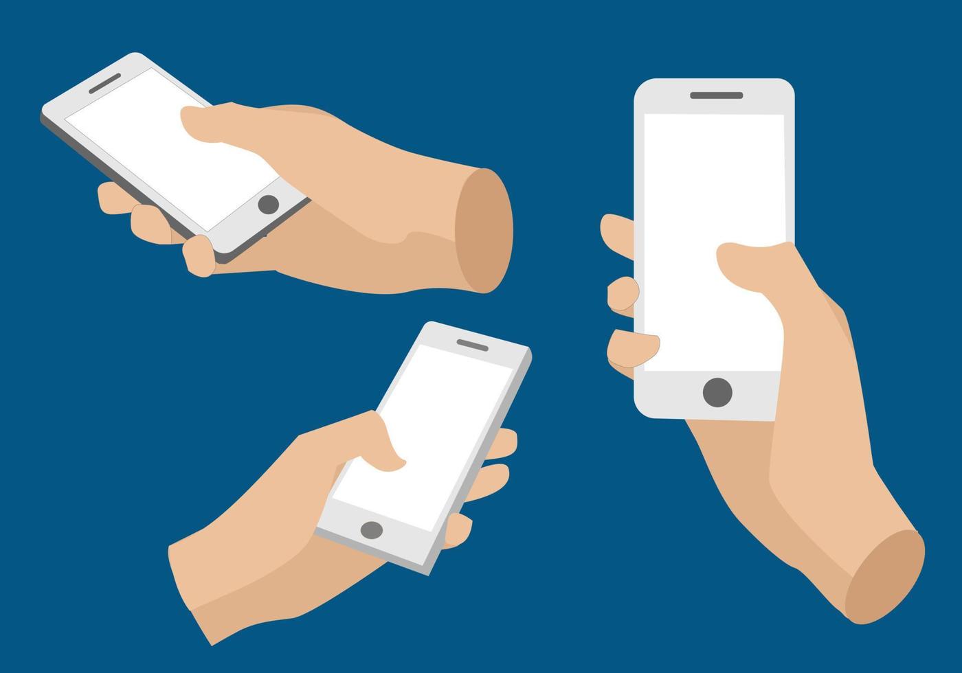 um conjunto de mãos segurando um smartphone de tela em branco na ilustração vetorial de diferentes estilos móveis. vetor