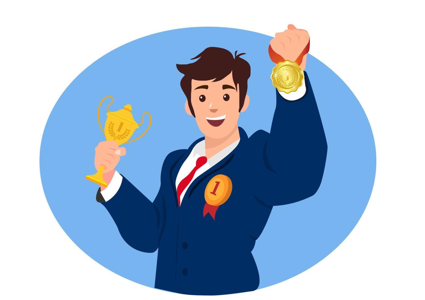 empresário recebendo troféu e medalha de ouro para funcionários de destaque. chalong ganha um prêmio. ilustração vetorial para sucesso, sucesso. conceito de carreira de sucesso. vetor