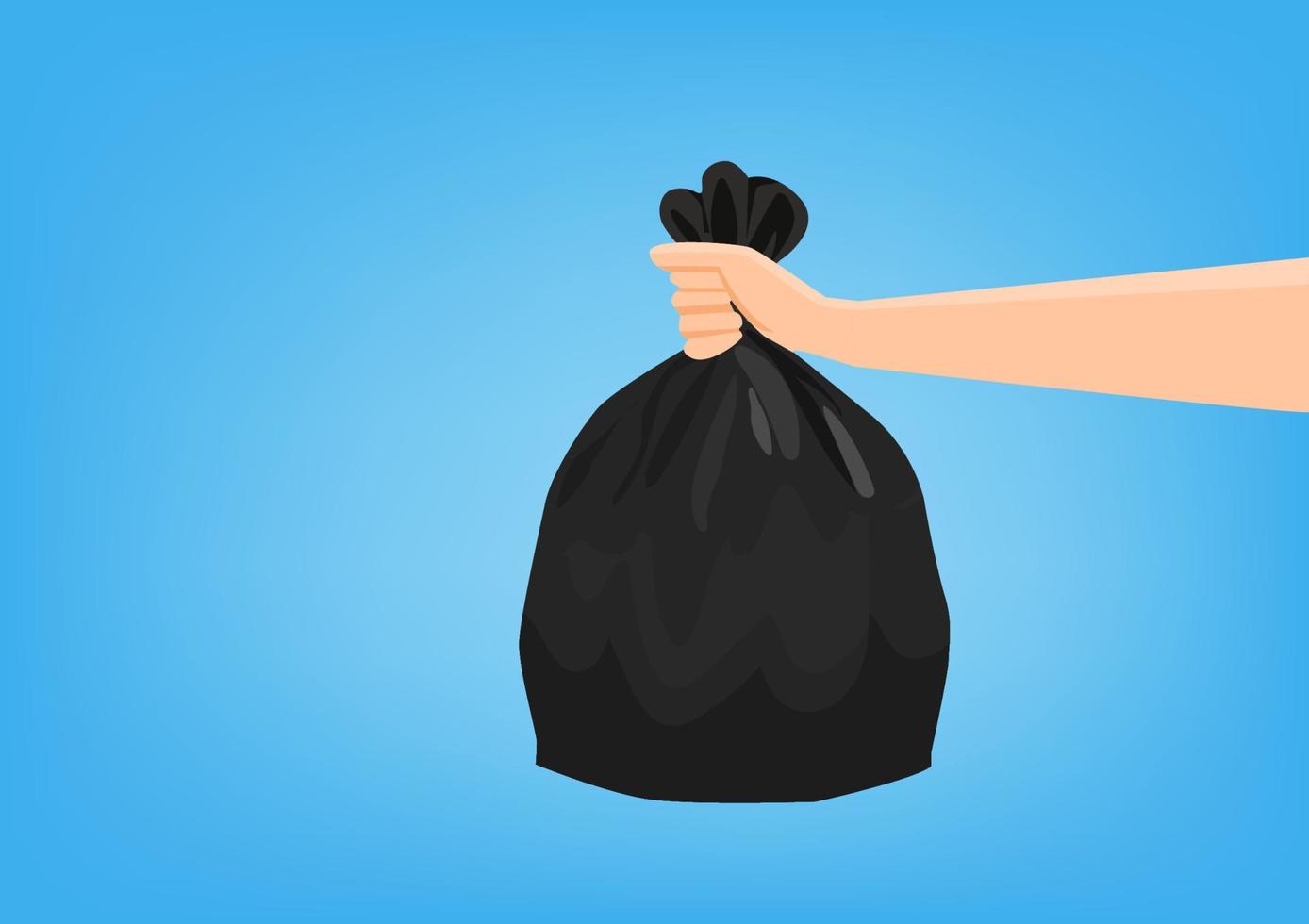 mão segurando um saco plástico preto para descartar o lixo. fundo azul, ilustração vetorial de ilustração de desenhos animados de estilo simples vetor