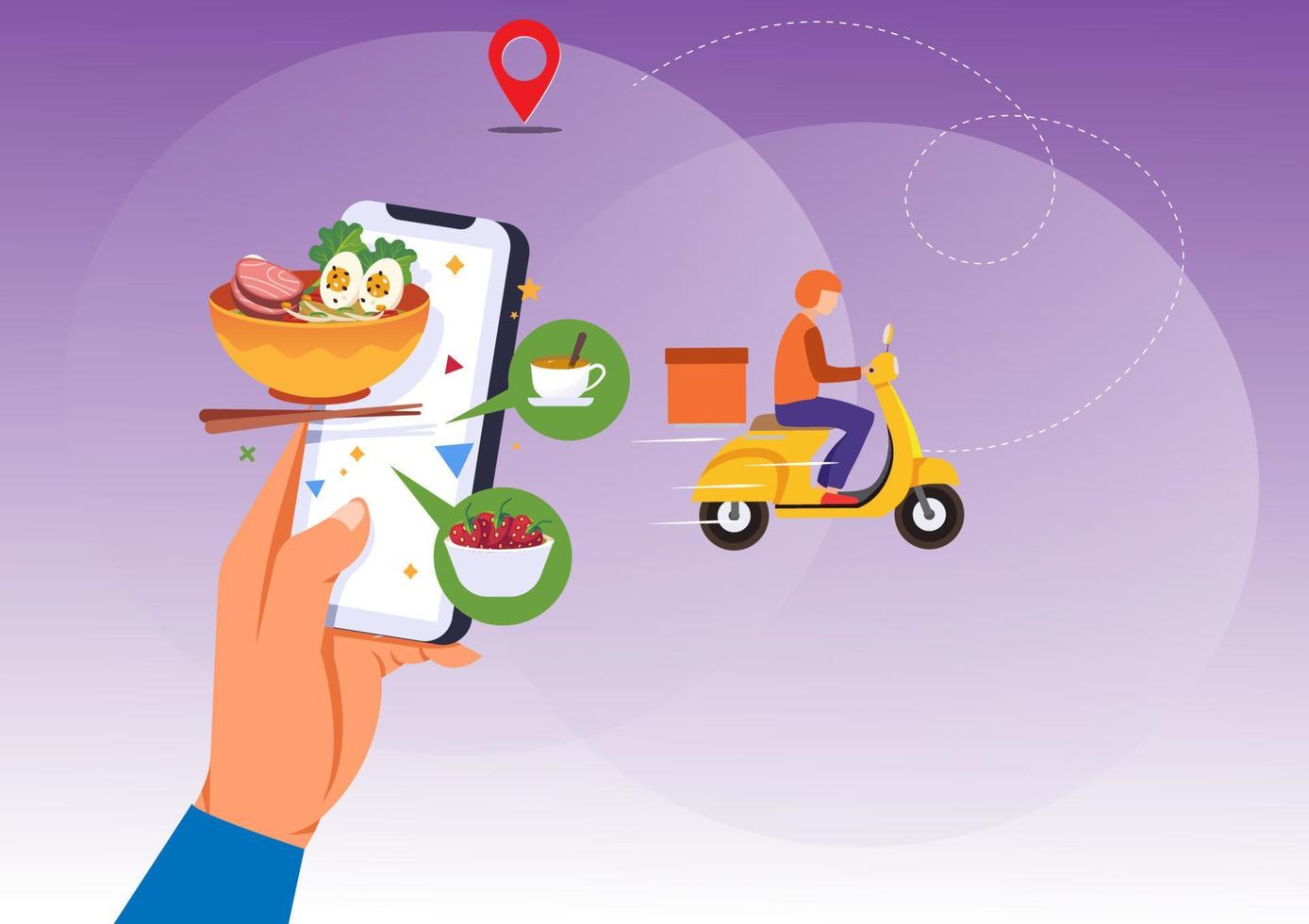 smartphone móvel com aplicativo de entrega de comida peça comida online. design gráfico de dados criativos modernos no vetor de ilustração de desenho animado de estilo simples de aplicativo