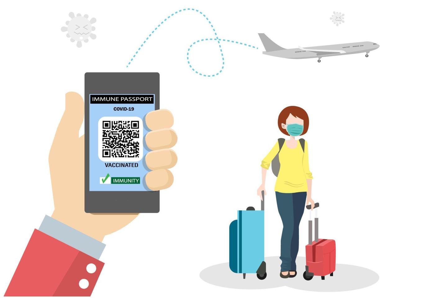 passaporte eletrônico de saúde no aplicativo na tela do celular tem um código qr, o direito de voar, vetor de ilustração de desenho animado estilo plano.