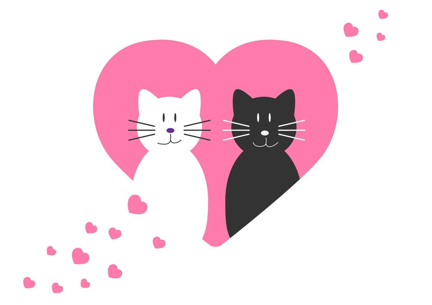 gato branco e gato preto, ambos são fofos. e há um amor romântico em um coração rosa. vetor de ilustração de desenho animado de estilo simples