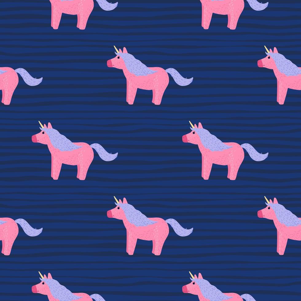 padrão sem emenda de unicórnio mágico colorido rosa e azul. cavalos-de-rosa brilhantes sobre fundo listrado azul marinho. vetor