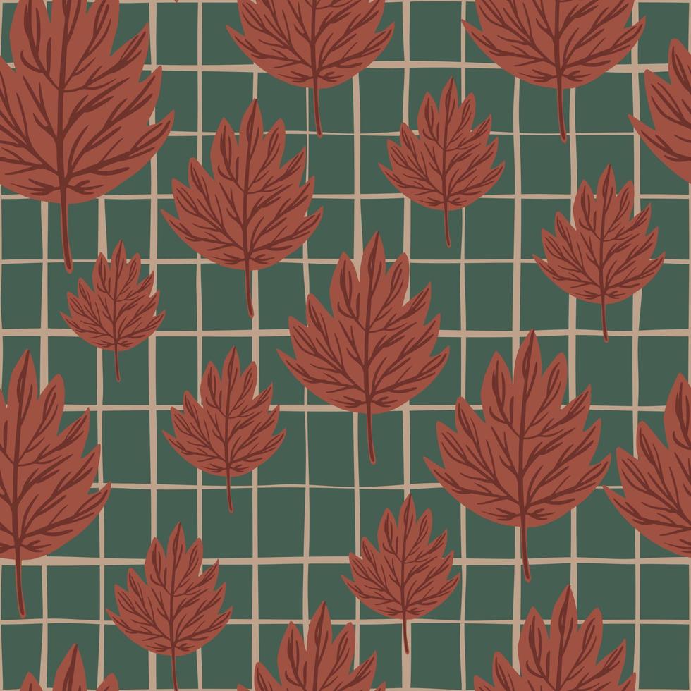 padrão de doodle aleatório sem costura de tons escuros com folhas de outono marrons simples. fundo xadrez verde. vetor