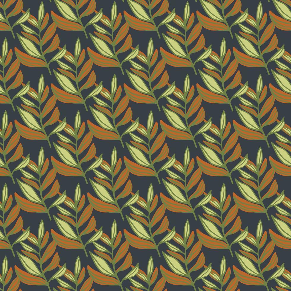 padrão sem emenda de outono com elementos de folha laranja e verde com contornos. arte estilizada com fundo azul marinho. vetor