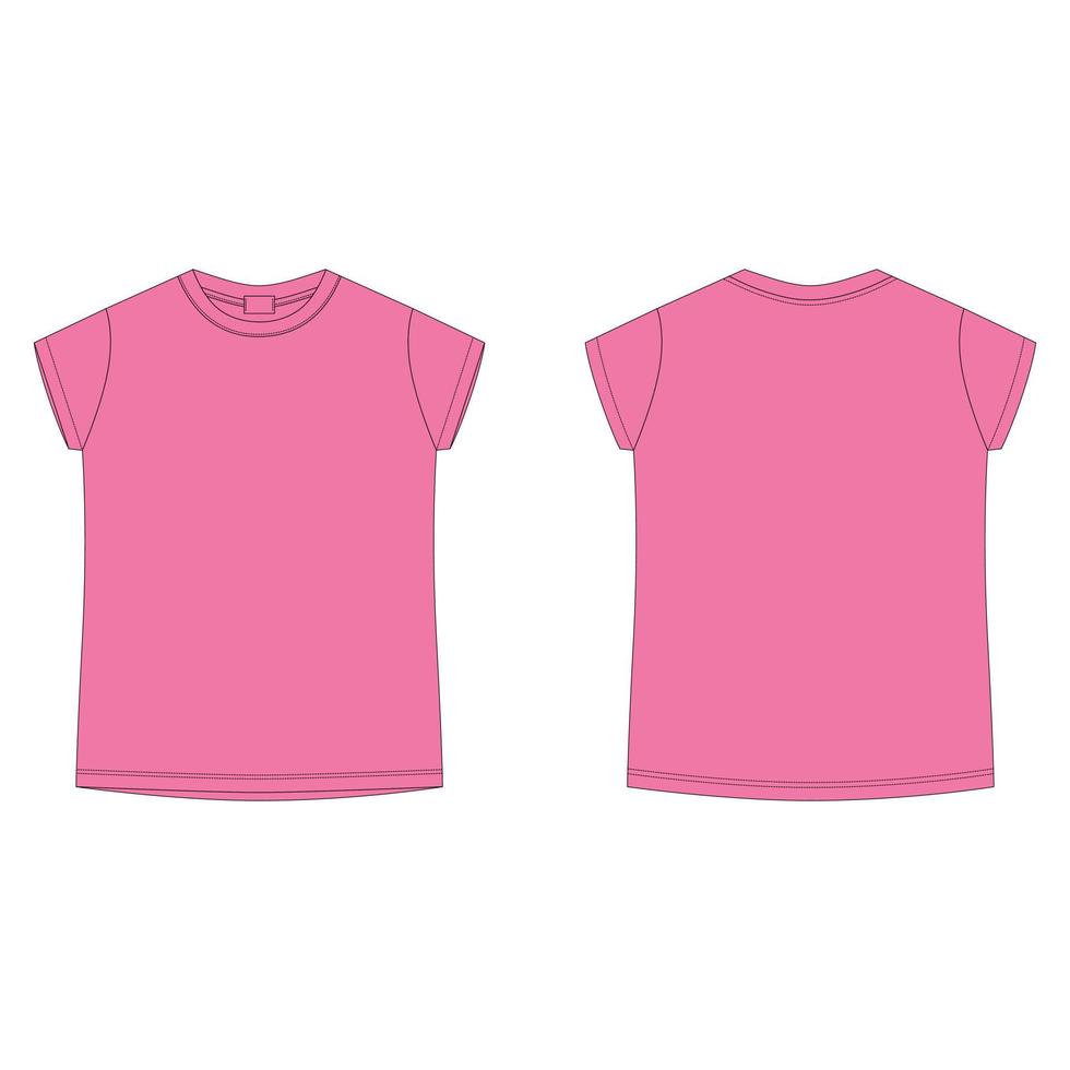 modelo em branco de t-shirt de algodão rosa brilhante. camiseta de desenho técnico infantil isolada no fundo branco. frente e verso. vetor