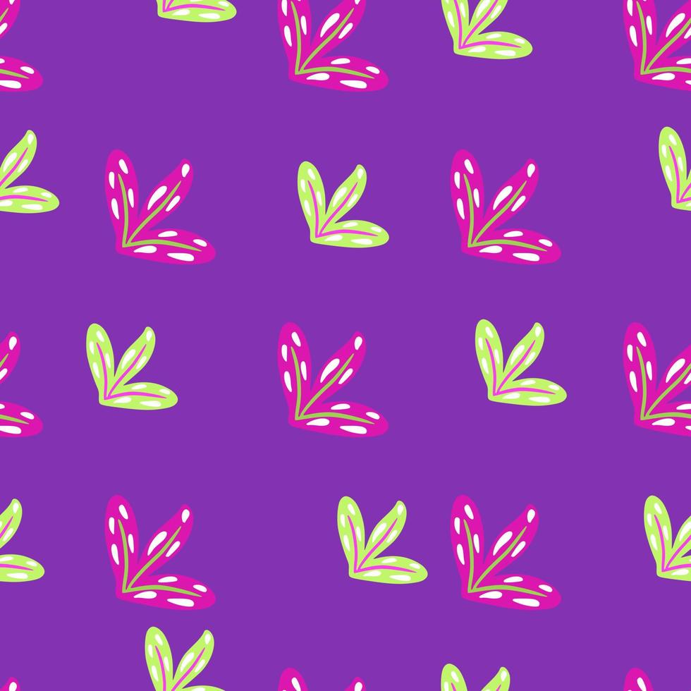 sem costura padrão floral com ornamento de formas de folha colorida verde e rosa. fundo roxo brilhante. vetor