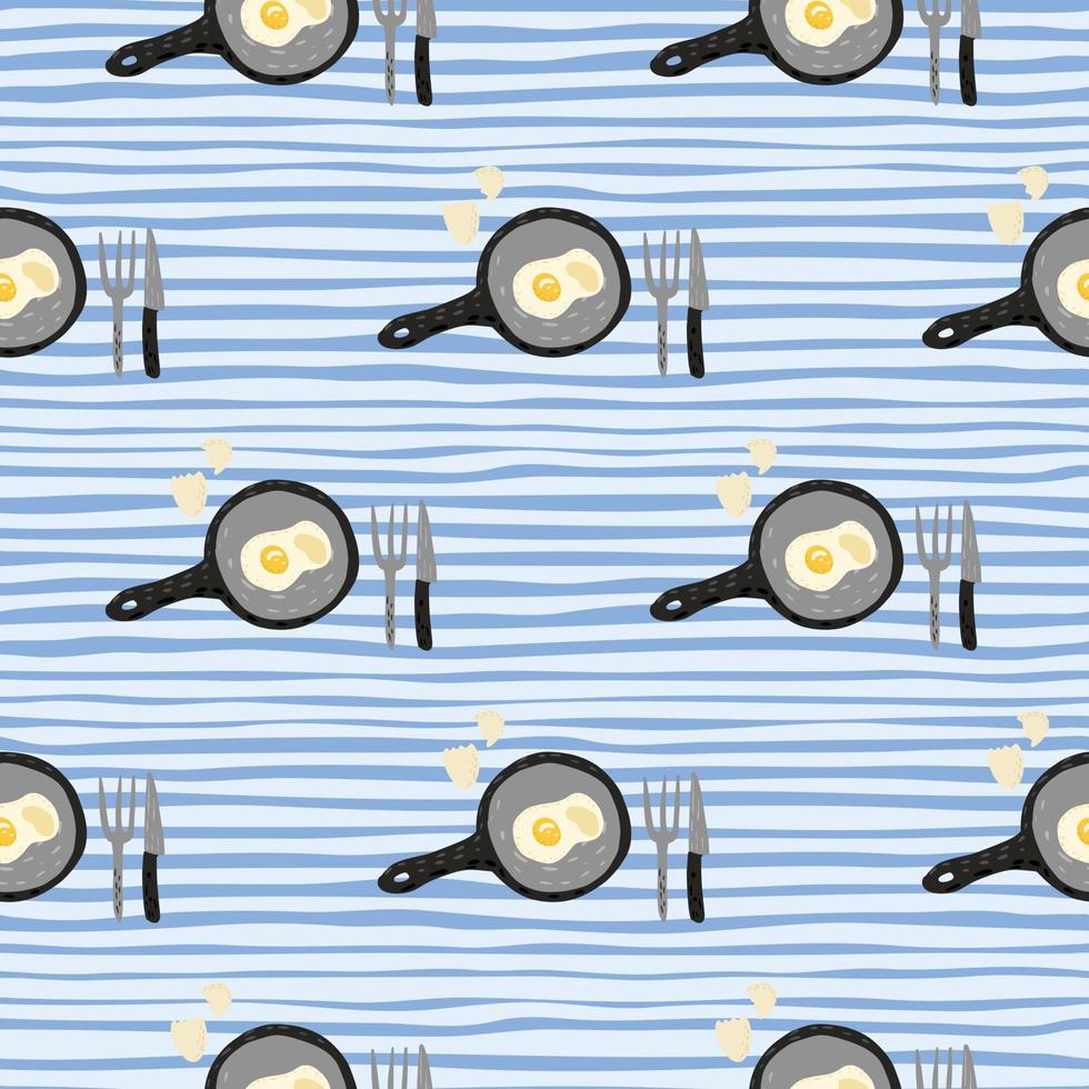 padrão sem emenda com omelete doodle no ornamento de panela. impressão de café da manhã com louça em fundo azul despojado. vetor