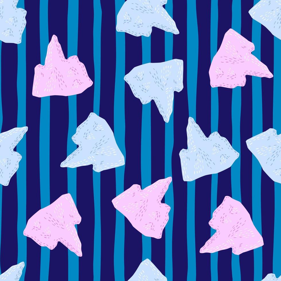 sem costura padrão brilhante aleatório no estilo infantil com formas de iceberg coloridas azuis e rosa. fundo listrado. vetor