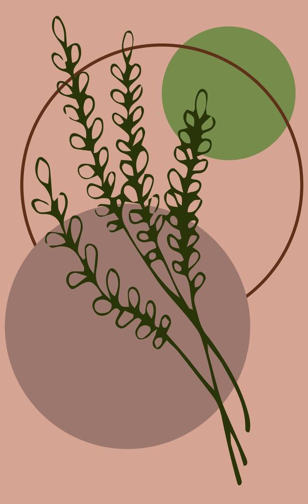 dois galhos de ervas selvagens com dois círculos. cartaz de vetor de estilo ecológico em cores neutras. o conceito de design para decoração de parede, impressão de capa, cartão em cores neutras