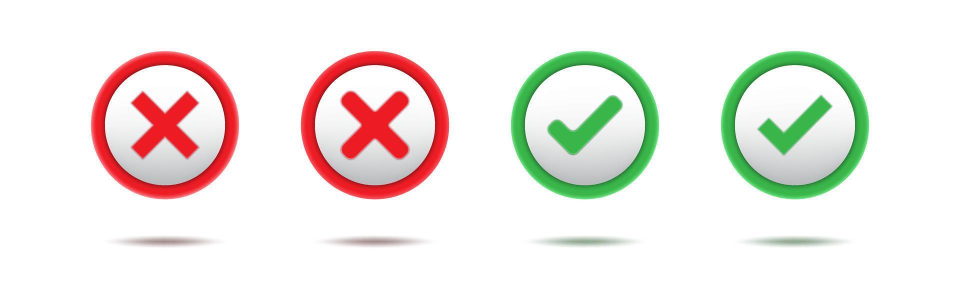 conjunto de marca de seleção verde 3d e cruz vermelha. símbolos de círculo aprovados e rejeitados vetor