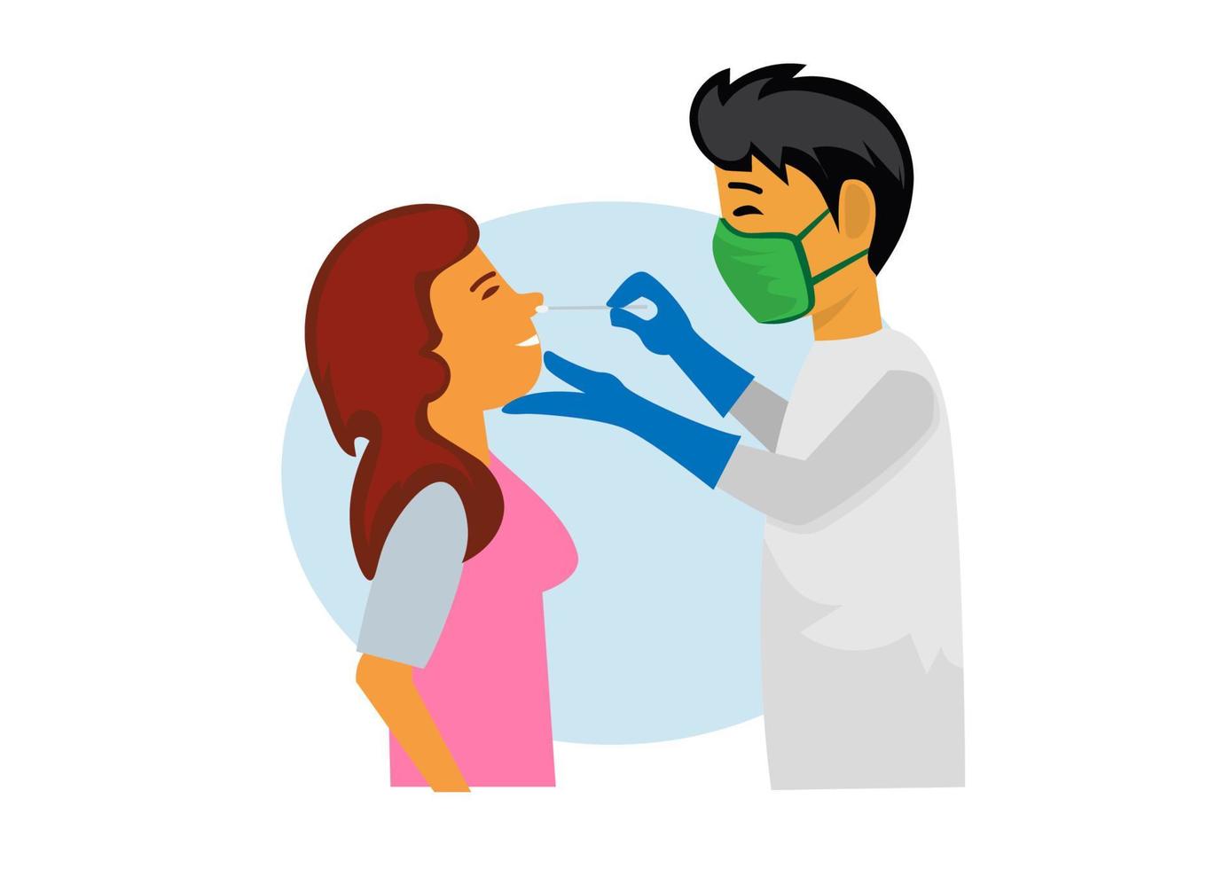 o médico do paciente examina o vírus corona usando um cotonete e leva a infecção para um teste. ilustração vetorial vetor