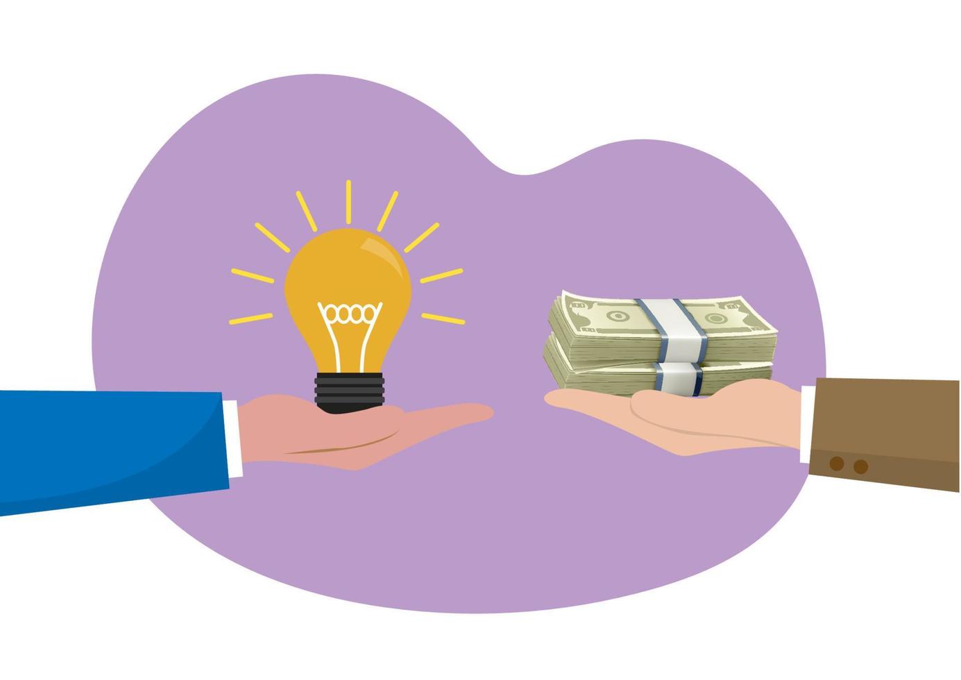 a primeira mão para segurar a lâmpada é uma ideia de negócio de segunda mão. tem um dólar verde para comprar essa ideia. e gerenciar vendas e investimentos vetor