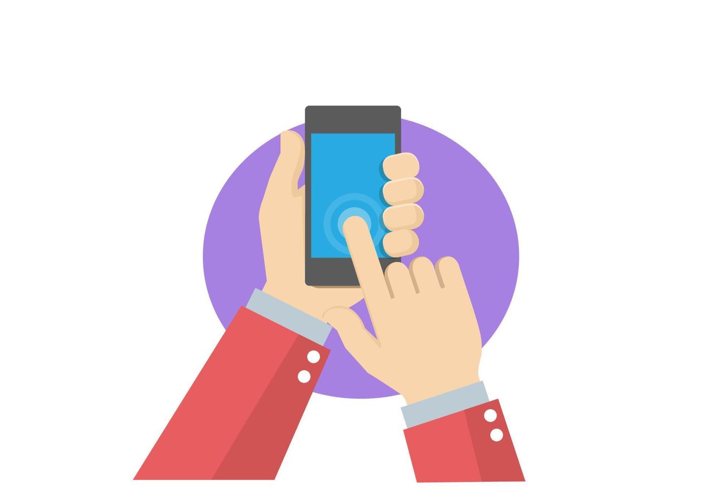 segure um telefone com um dedo de tela azul em branco pressione, toque, comande ideias sobre como comprar comida, roupas, entrega, pedidos de hotéis, mensagens on-line. vetor de ilustração de desenhos animados de estilo simples