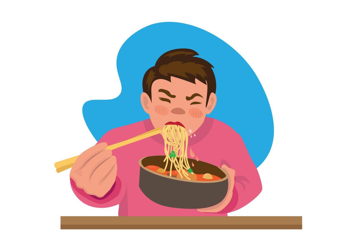 menino apreciando macarrão e sopa quente os personagens correram para comer porque estavam com fome. ilustração em vetor de desenho animado estilo simples