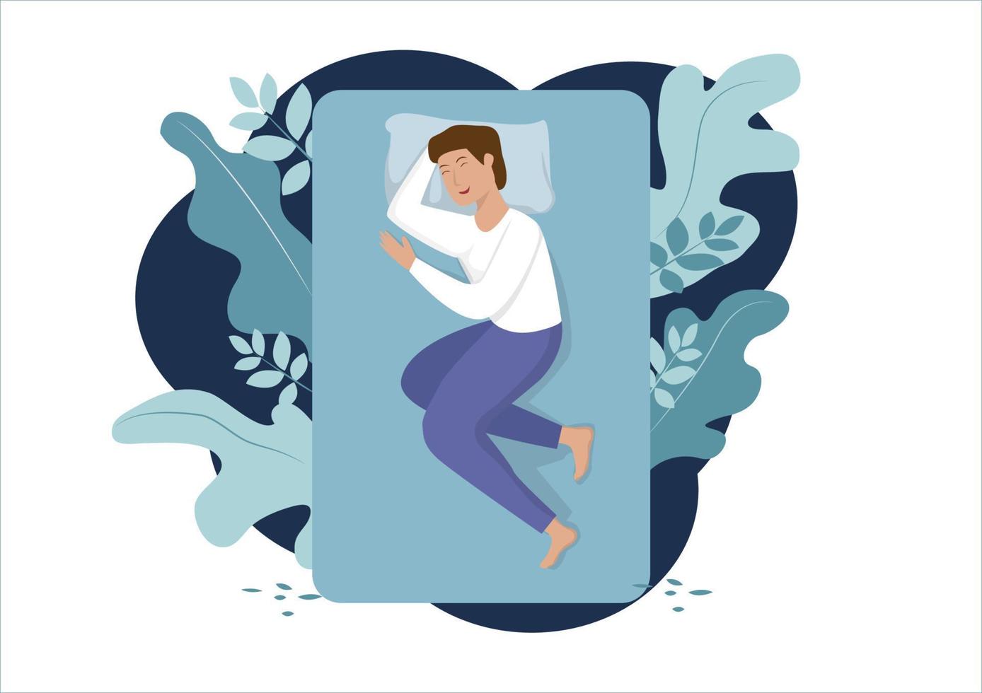 um homem de pijama está tendo um doce sonho no quarto. conceito de estilo de vida saudável de lazer vetor