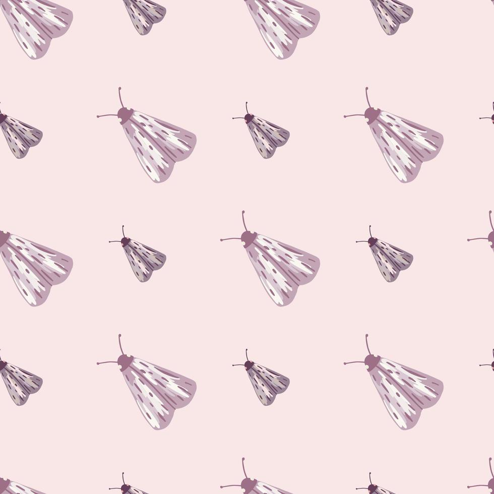 padrão sem emenda de paleta pastel com silhuetas de borboleta. ornamento de mariposa em cores roxas claras sobre fundo rosa macio. vetor