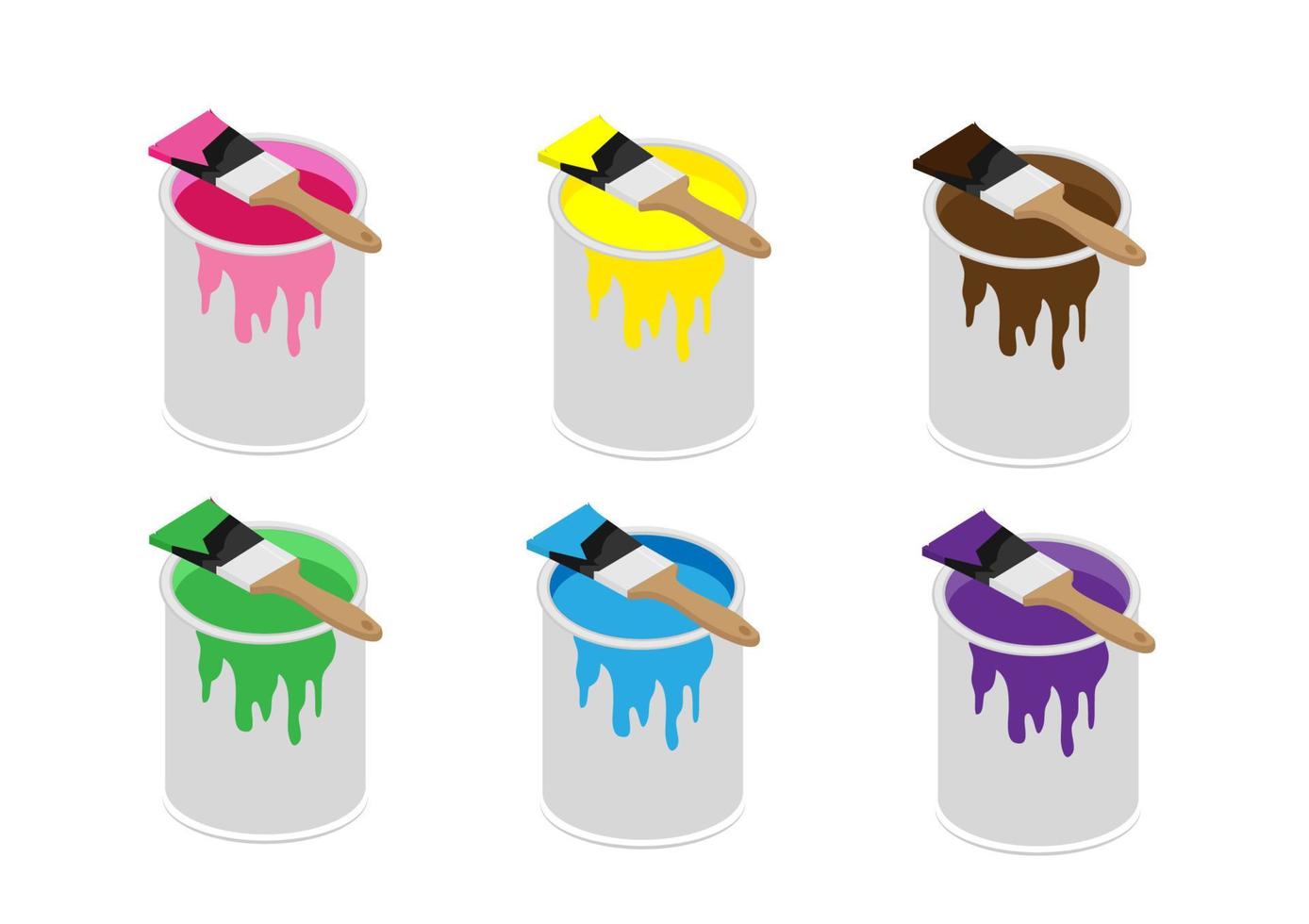 latas de tinta de metal disponíveis em rosa, verde, roxo, marrom, amarelo e azul com escovas de cabo de madeira. vetor de ilustração de desenhos animados de estilo simples