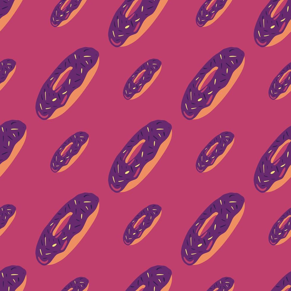 diagonal localizado donuts ornamento sem costura padrão. elementos de sobremesa doce roxo no fundo rosa. vetor