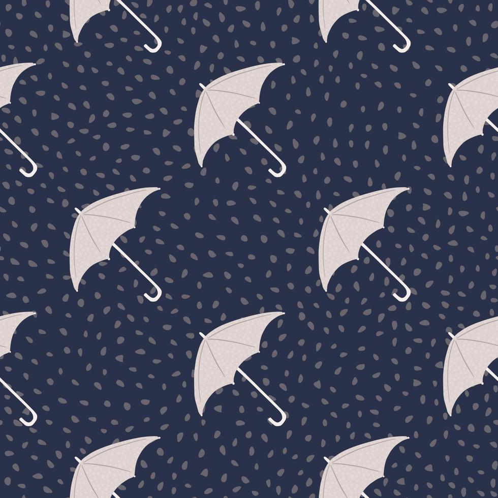 padrão sem emenda de temporada escura com formas de guarda-chuva doodle. fundo azul marinho com pontos. acessório de cor cinza. vetor