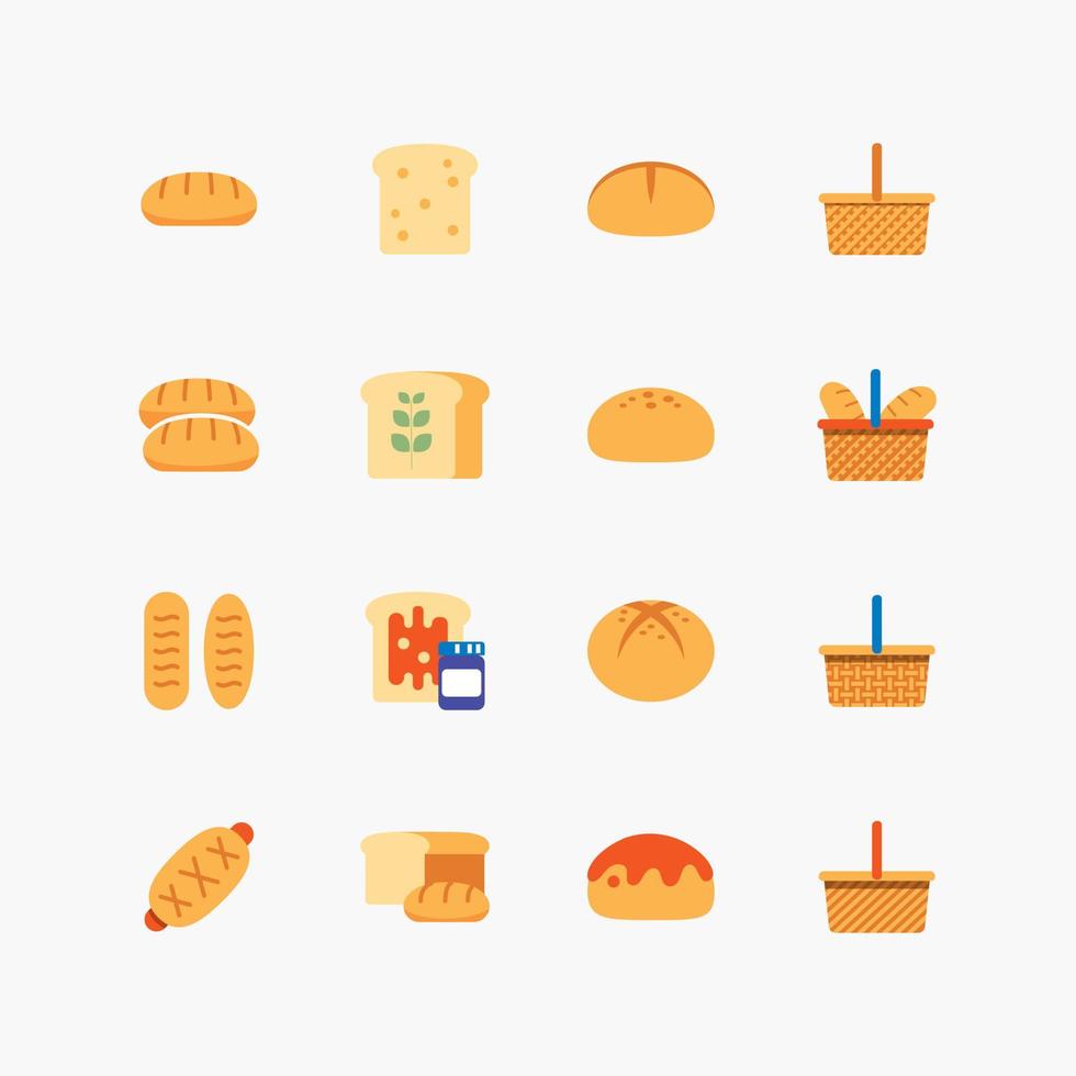 pacote de coleção de ícones de linha plana de cor de pão. vetor de design simples