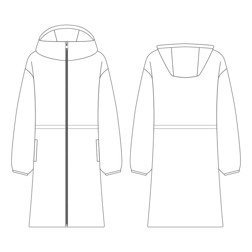 modelo mulheres jaqueta longa parka ilustração vetorial design plano contorno coleção de roupas agasalhos vetor