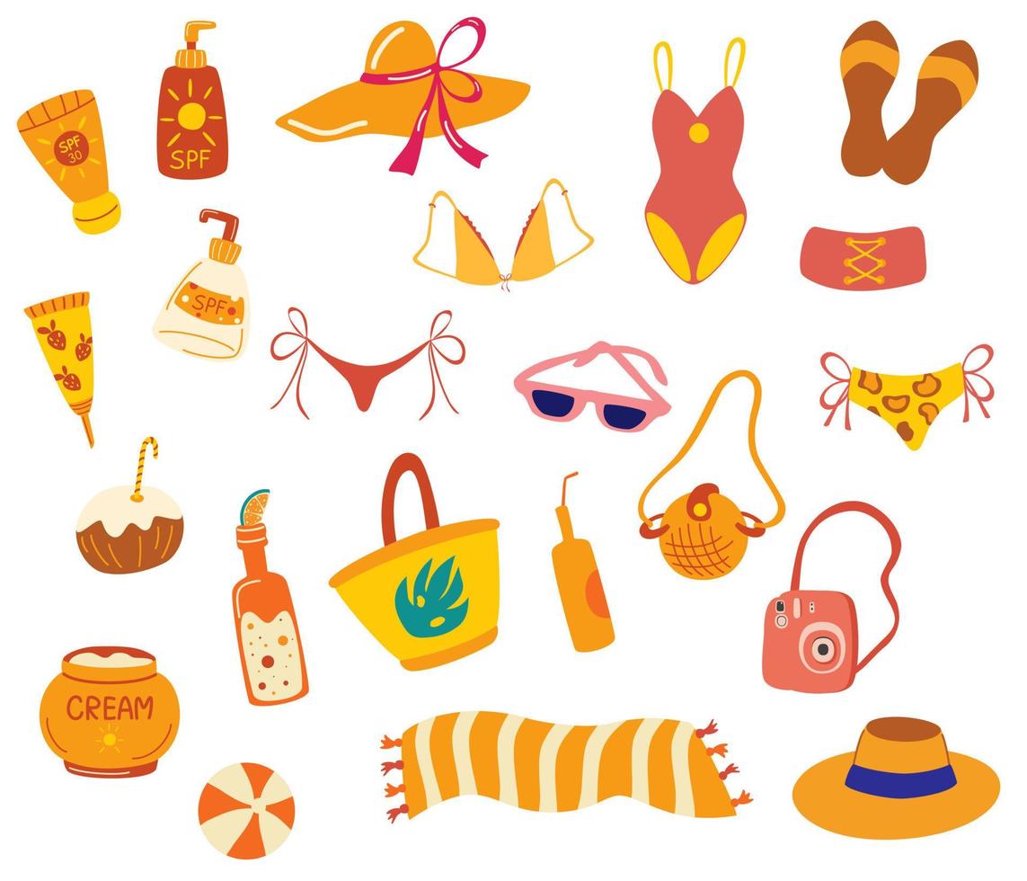 coisas de praia. roupa de banho, chinelos, bola, bolsas, bebidas, creme e toalha. creme de proteção solar. horário de verão. objetos de turismo e viagens. ilustração vetorial para estampas, cartazes, panfletos e convites vetor