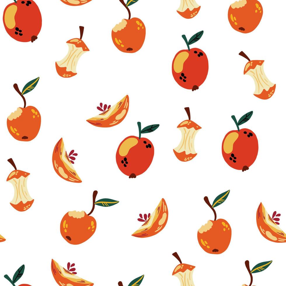 padrão sem emenda de maçãs. fundo de frutas doces. maçã mordida, metade e núcleo. fundo bonito desenhado à mão, papel de embrulho, banner, têxtil, papel de parede. ilustração vetorial de desenho animado vetor