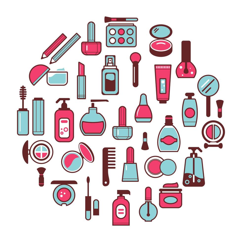 conjunto vetorial de ícones planos de cosméticos, produtos de beleza e maquiagem vetor