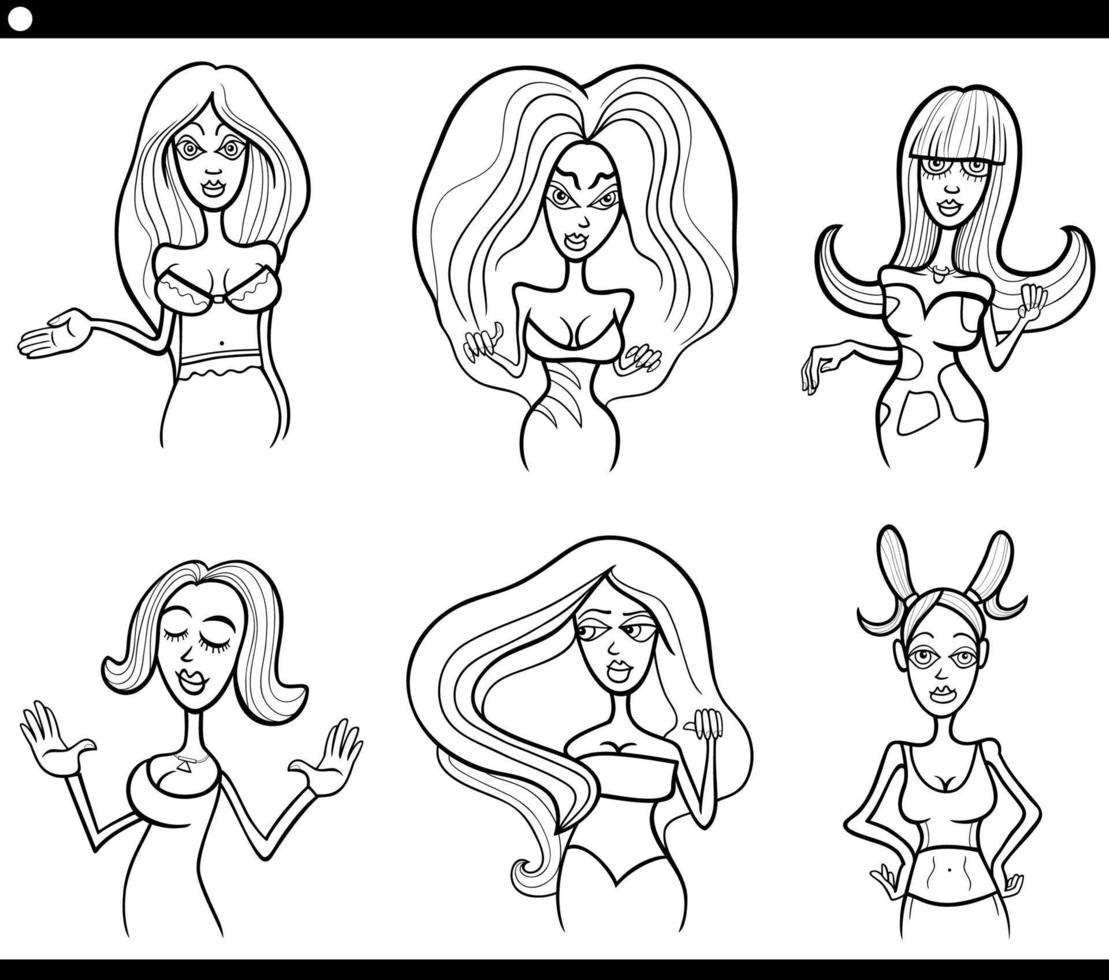 conjunto de personagens de quadrinhos de mulher dos desenhos animados página do livro para colorir vetor