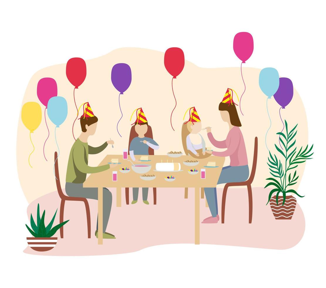 festa de aniversário à mesa com a família e amigos. vetor