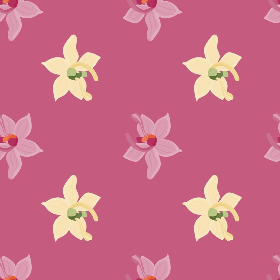 flores de orquídea trópica formas padrão sem emenda no estilo doodle. fundo rosa. cenário de flor. vetor