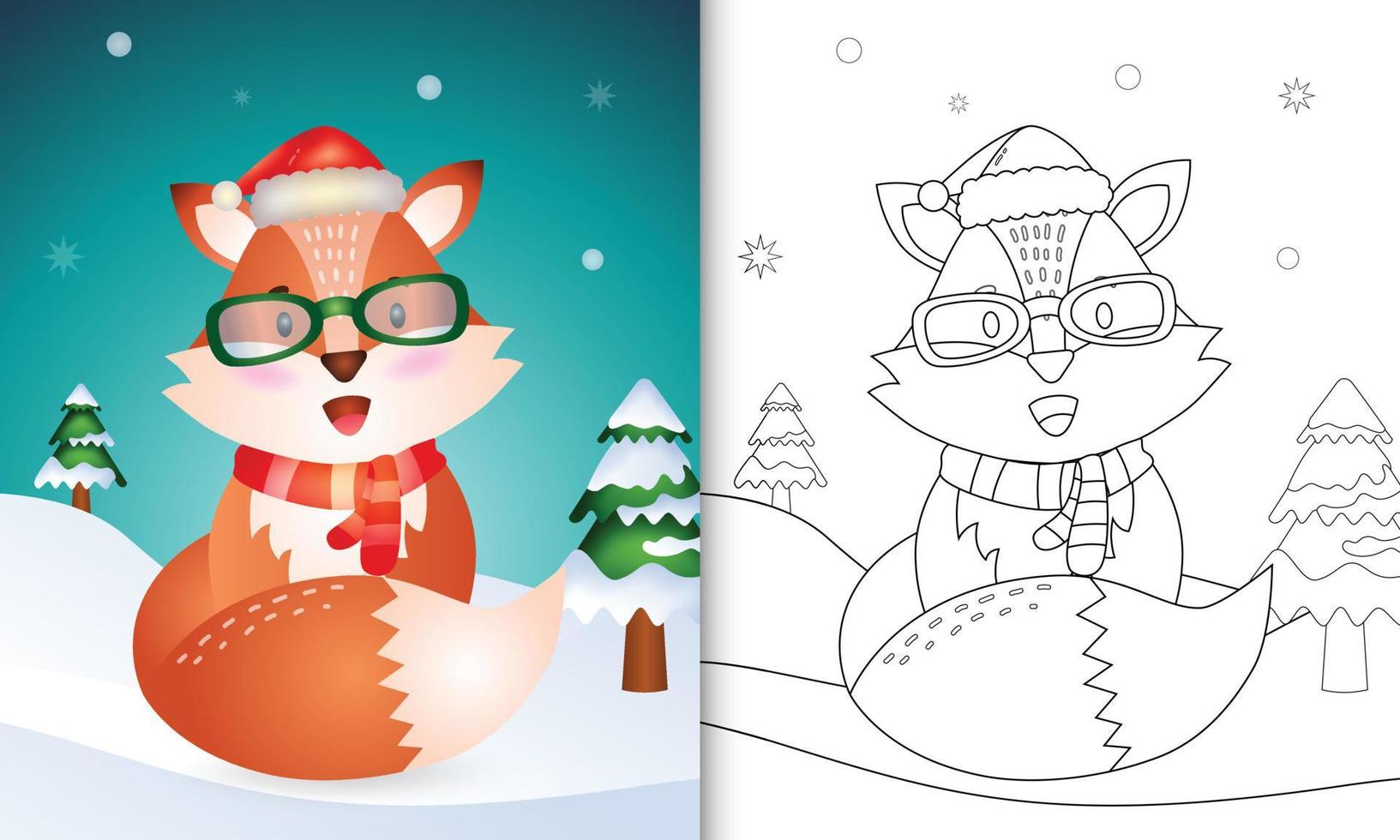 livro de colorir com personagens de natal de uma raposa fofa usando chapéu de papai noel e cachecol vetor