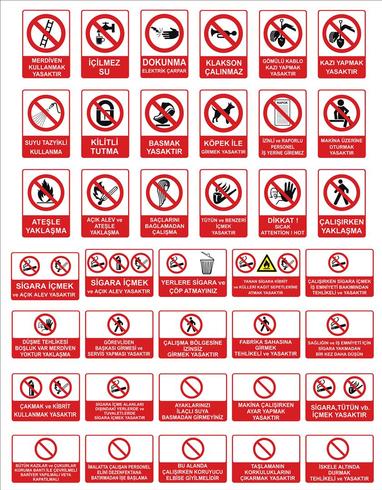 Modelos de sinalização turca, sinal de perigo, sinal proibido, sinais de segurança e saúde no trabalho, placa de aviso, sinal de emergência de incêndio. para adesivos, pôsteres e outros materiais de impressão. fácil de modificar. vetor. vetor